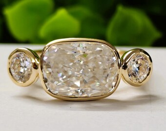 4.50CTW Elongated Cushion Moissanite Three Stone Engagement Ring, 14k-Gold Ring, Bezel Set Promise Gift Ring, East West Ring
