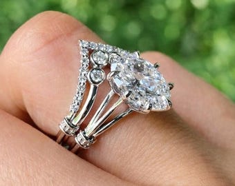 3CTW Oval Cut Moissanite Engagement Ring Set, Unique Split Shank Ring, White Gold Bridal Ring, Trio Promise Ring Set, Anniversary Gift