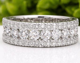 3.8ct Round Moissanite Eternity Band, Eternity Ring, Gold Eternity Band, Silver Eternity Band, Mens Wedding Band, Mens Ring, Three Row Band