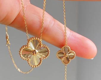 Conjunto de joyas Gold Clover / Collar y pulsera con diseño de rayos de sol / Colección de flores chapada en oro de 14 quilates / Material base de plata