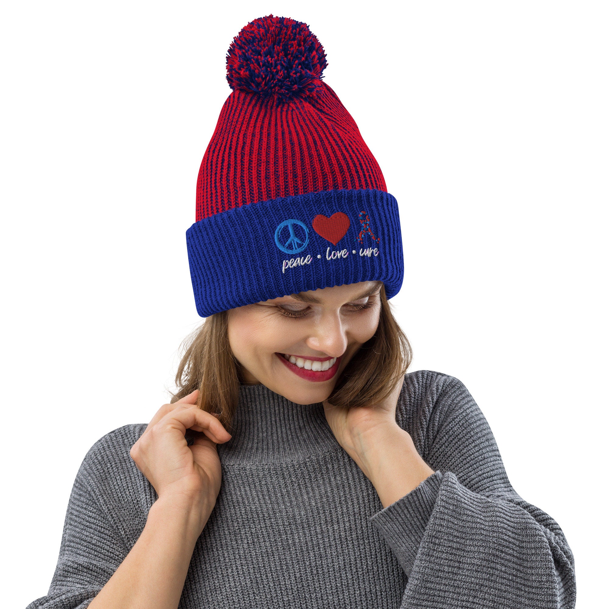 Peace Love Cure CHD Red and Blue Pom-pom Beanie - Etsy