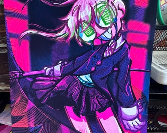May include: A digital illustration of a person with pink hair and a black and white school uniform. The person has green eyes with a spiral pattern and a wide smile. The background is a pink and black abstract pattern.