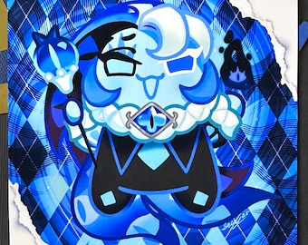 May include: A blue and black cookie character with a white face and a mischievous expression. The cookie is wearing a black and white collar and a blue crown. The background is a blue and white checkered pattern.