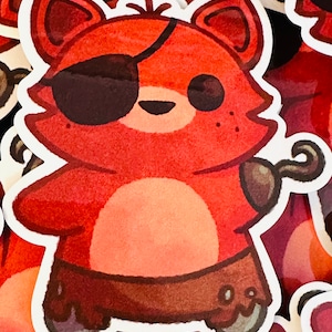 May include: A red and brown cartoon fox with a black eyepatch and a hook for a hand. The fox is wearing a brown and white outfit.