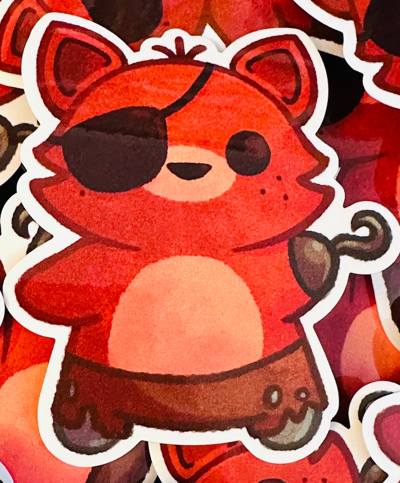 May include: A red and brown cartoon fox with a black eyepatch and a hook for a hand. The fox is wearing a brown and white outfit.