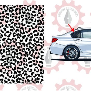 May include: A white car with a black and white leopard print design on the rear window. The leopard print pattern is also shown separately on the left side of the image. The car has black wheels with red brake calipers.