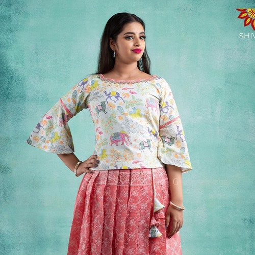 Shops Girls Peach Kota Zentangle Pattu Pavadai