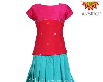 Pattu Pavadai Baby Girls/Kids Brocade Fancy Langa Pink and Peacock Blue Pattu Pavadai Baby Girls/Kids Brocade Fancy Langa Pink and Peacock Blue