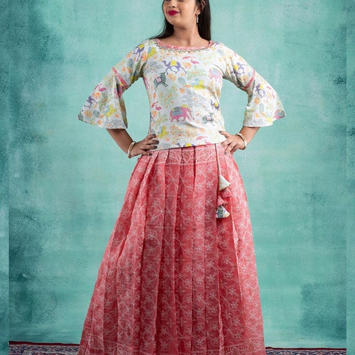 Shops Girls Peach Kota Zentangle Pattu Pavadai
