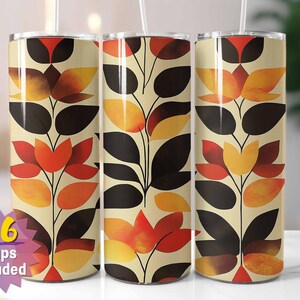 Papier pour verres rétro avec feuilles d'automne | Sublimation PNG | Design d'automne moderne Mid-Century | Droit et conique | Comprend 16 emballages gratuits en prime