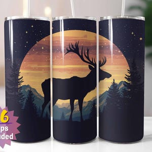 Emballage pour verres Majestic Elk | Sublimation PNG | Conception de silhouette de coucher de soleil de montagne | Droit et conique | Comprend 16 emballages gratuits en prime