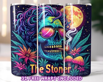 Psychedelic Stoner Tumbler Wrap PNG, Trippy Skull 420 Tumbler Design, Neon Weed Sublimation Wrap, Hippie Smoke Art, Digital Download