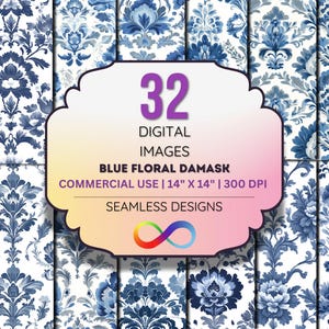 Blue Floral Damask Digital Paper – Seamless Vintage Botanical Patterns – Elegant Chinoiserie Style – 12"x12" JPEG – 300 DPI – Commercial Use