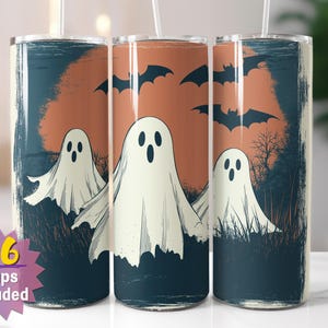Emballage pour gobelet Trio fantomatique et chauves-souris | Sublimation d'Halloween PNG | Options de bords droits et coniques | 16 emballages en prime inclus