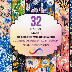 Wildflower Seamless Digital Paper Pack - 32 Hand-Painted Floral Backgrounds, 14&quot;x14&quot; JPEGs, 300 DPI, Instant Download, Commercial Use