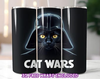 Galactic Cat Tumbler Wrap PNG, Sci-Fi Space Cat Sublimation, Funny Cosmic Feline 20oz Skinny Tumbler Digital Download