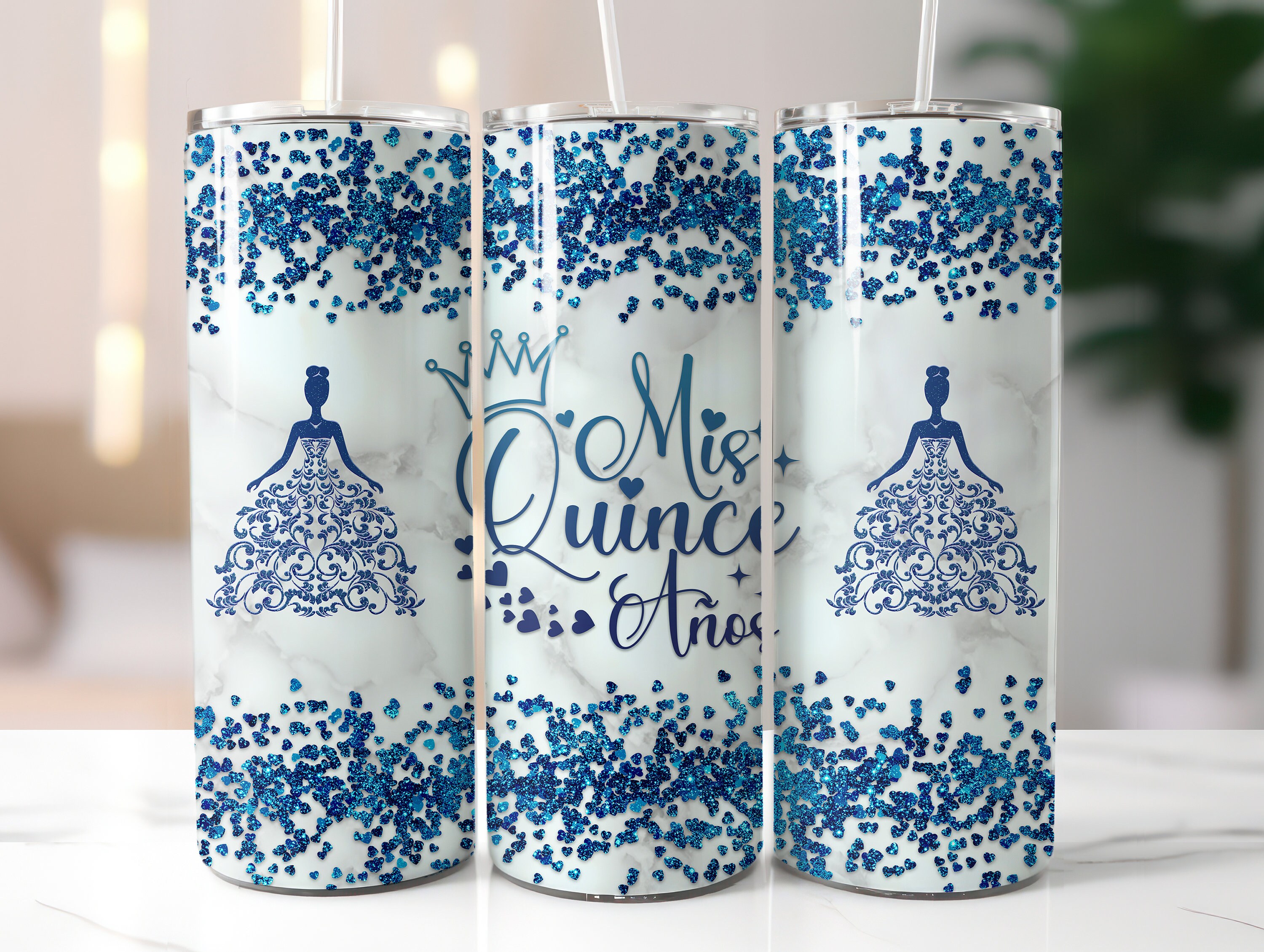 Blue Mis Quince Anos 20oz Tumbler Wrap, Quinceanera Skinny Tumbler PNG, Mis Quince Anos Png, Latina Cumpleanos