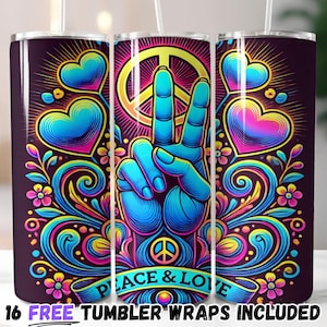 Papier pour verres néon Peace and Love | Sublimation rétro colorée PNG | Modèles droits et coniques, 20 oz | Téléchargement instantané