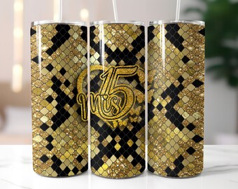 Black and Gold Quinceañera 20oz Tumbler Wrap, Quinceanera Skinny Tumbler PNG, Mis Quince Anos Png, Latina Cumpleanos, Gold Tumbler Wrap PNG