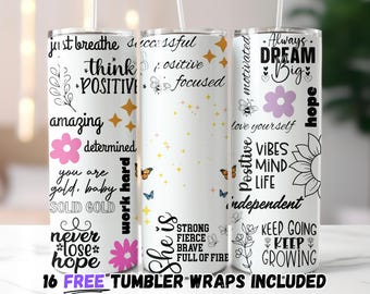 Positive Affirmations Tumbler Wrap PNG, Inspirational Quotes 20oz Skinny Tumbler Sublimation Digital Download