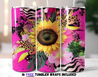 Envoltura para vaso con estampado animal de girasol / Sublimación PNG rosa neón / Leopardo salvaje y cebra floral / Estética floral neón llamativa