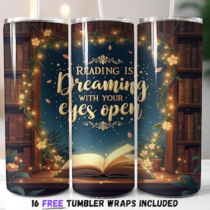Reading is Dreaming Tumbler Wrap | Bookish Tumbler Wrap PNG | Sublimation PNG | Magical Bookshelf Fantasy Theme | Row of Books png