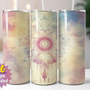 Papier d'emballage pour verres mandala bohème pastel | Sublimation attrape-rêves PNG | Options de bords droits et coniques | 16 emballages en prime inclus