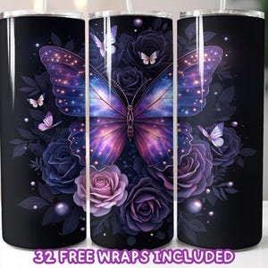 Galaxy Butterfly Tumbler Wrap, Cosmic Floral 20oz Tumbler Sublimation Design, Purple Butterfly and Roses PNG, Digital Download