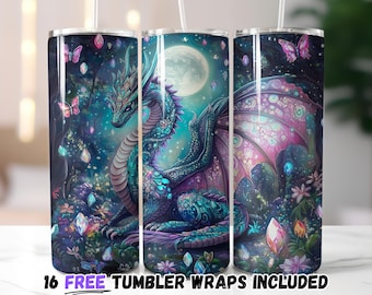 Jewel-Encrusted Moonlit Dragon Tumbler Wrap | Sublimation PNG for 20oz Tumblers | Straight and Tapered Designs | Instant Download