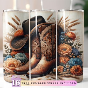 Cowgirl Boots and Hat Tumbler Wrap, Sublimation Digital Download, 20oz Skinny Tumbler Design, Instant Digital Download, Country Western PNG