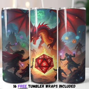 Diseño de envoltura para vaso de Dragon Battle / Sublimación PNG / Escena de aventura y dados de rol de fantasía Dragon & Dice / Envoltura para vaso Game Master