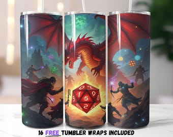 Dragon Battle Tumbler Wrap Design | Sublimation PNG | Fantasy RPG Dice and Adventure Scene Epic Dragon & Dice |  Game Master Tumbler Wrap