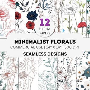 Minimalist Floral Line Art Digital Paper, Seamless Botanical Pattern, 12 JPG, 4K, 300 DPI, Hand-Drawn Flowers, Modern Boho Background