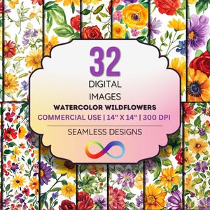 Watercolor Wildflower Paper Pack – Colorful Floral Digital Paper for Scrapbooking, Journals, Cards, Spring & Summer Crafts