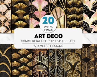 Pacchetto di carta digitale Art Deco, motivi Gatsby neri e dorati, sfondi vintage degli anni '20 ruggenti