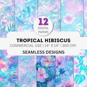 Carta digitale tropicale, motivi senza soluzione di continuità con ibisco e foglie di palma, sfondi hawaiani pastello al neon, carta per album digitale 4K, spiaggia estiva