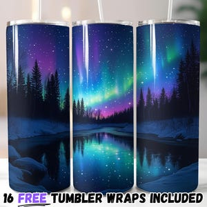 Northern Lights Tumbler Wrap | Aurora Borealis Sublimation PNG | 20oz Straight & Tapered Designs | Instant Download