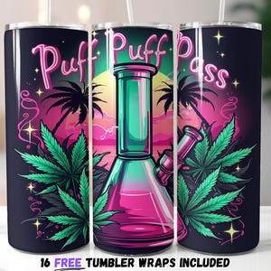 Puff Puff Pass Tumbler Wrap, PNG | 420 digitale download | Retro esthetische wiet | Sublimatieontwerp neonbong | Stoner-cadeau