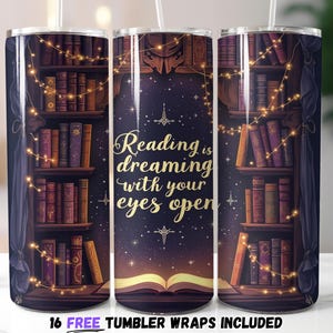Lezen is dromen met je ogen open Tumbler Wrap | Vintage boekenplank sublimatie png | Gezellige bibliotheek esthetiek| Bookish Tumbler Wrap