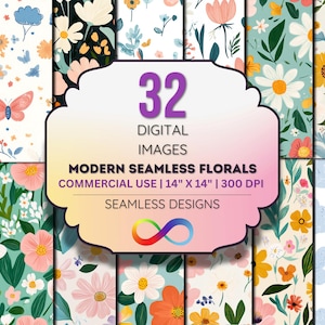 Modern Floral Seamless Digital Paper Pack - 32 Folk Art Flower Patterns, 14&quot;x14&quot; JPEGs, 300 DPI, Instant Download, Commercial Use