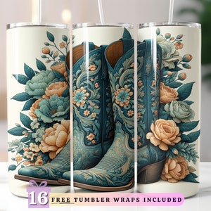 Cowgirl Boots and Hat Tumbler Wrap, Sublimation Digital Download, 20oz Skinny Tumbler Design, Instant Digital Download, Country Western PNG