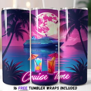 Retro Neon Cruise Tumbler Wrap | Tropical Sunset & Palm Trees | Sublimation PNG | Summer Vacation Tumbler PNG | Instant Digital Download