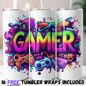 Gamer Neon Graffiti Tumbler Wrap | Colorful Gaming Sublimation PNG | 20oz Straight & Tapered Designs | Instant Download