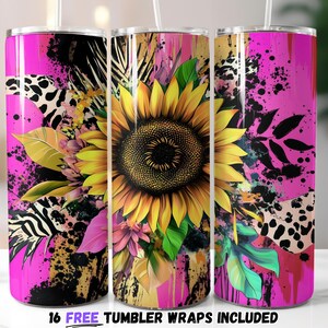 Sunflower Animal Print Tumbler Wrap Design | Sublimation PNG | Bold Neon Floral Aesthetic | Western Mama 20oz Skinny Wrap, Sublimation PNG