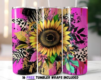 Sunflower Animal Print Tumbler Wrap Design | Sublimation PNG | Bold Neon Floral Aesthetic | Western Mama 20oz Skinny Wrap, Sublimation PNG
