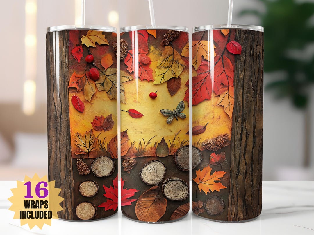 Autumn Leaves and Wood Tumbler Wrap PNG | Rustic Fall Sublimation Wrap ...