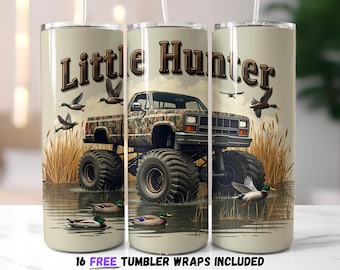 Little Hunter Camo Truck Tumbler Wrap | Monster Truck & Ducks Hunting Sublimation PNG | Country Boy Waterfowl Digital Download