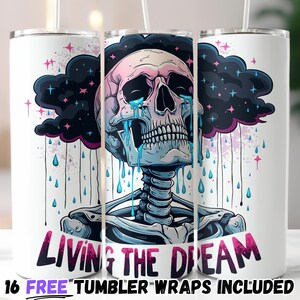 de papier peint squelette drôle, papier peint pour verre Vivre le rêve PNG | Sublimation PNG | Squelette gothique sur le thème des nuages de pluie, PNG sarcastique,