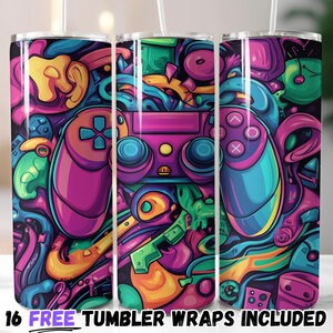 Retro Gaming Controller Tumbler Wrap | Colorful Gamer Sublimation PNG | 20oz Straight & Tapered Designs | Instant Download