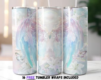 Envoltura para vaso con alas de ángel etéreas / Envoltura para vaso con alas de ángel cristianas / Sublimación PNG de mariposas y flores pastel / Estética celestial